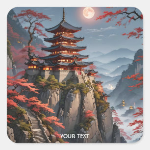 Fantasy Niedlich Japanisch Nachtlandschaft Quadratischer Aufkleber