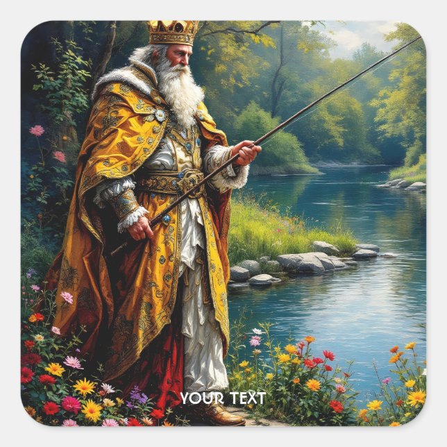 Fantasy Niedlich King Fishing Quadratischer Aufkleber (Vorderseite)