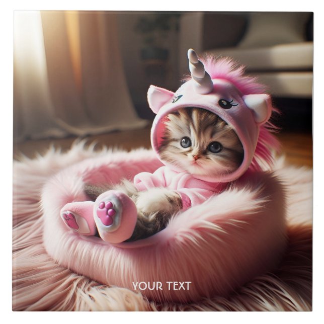 Fantasy Niedlich Kitten Einhornbett Fliese (Vorderseite)