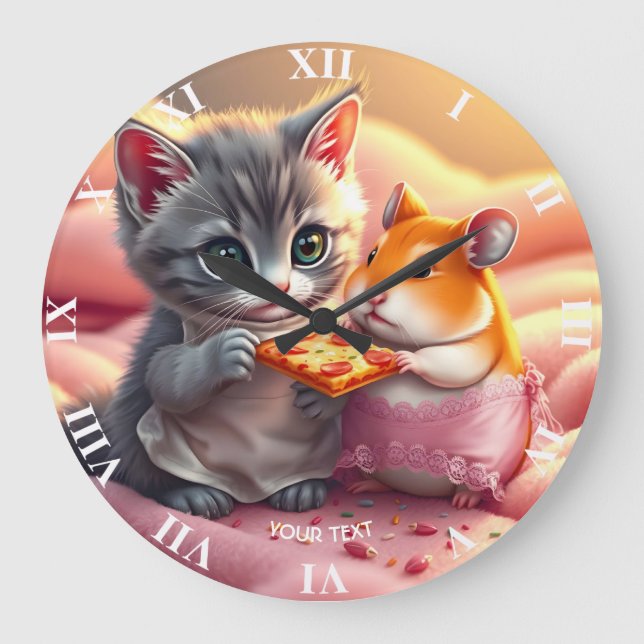 Fantasy Niedlich Kitten Hamster Pizza Große Wanduhr (Vorderseite)