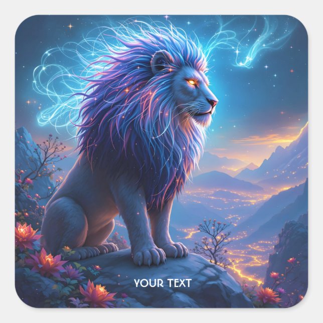Fantasy Niedlich Lion Night Blume Quadratischer Aufkleber (Vorderseite)