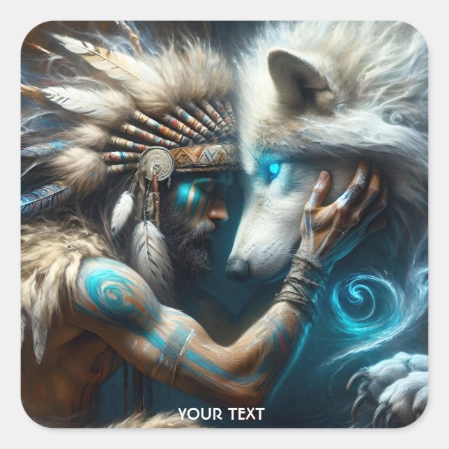 Fantasy Niedlich Man Hugging Wolf Quadratischer Aufkleber (Vorderseite)