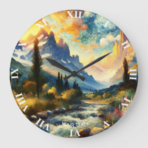 Fantasy Niedlich Mountains Landschaft Sonnenunterg Große Wanduhr