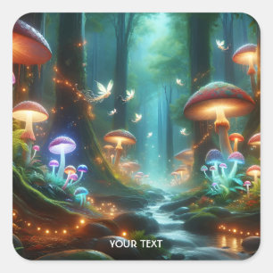 Fantasy Niedlich Mushroom Forest Night Quadratischer Aufkleber