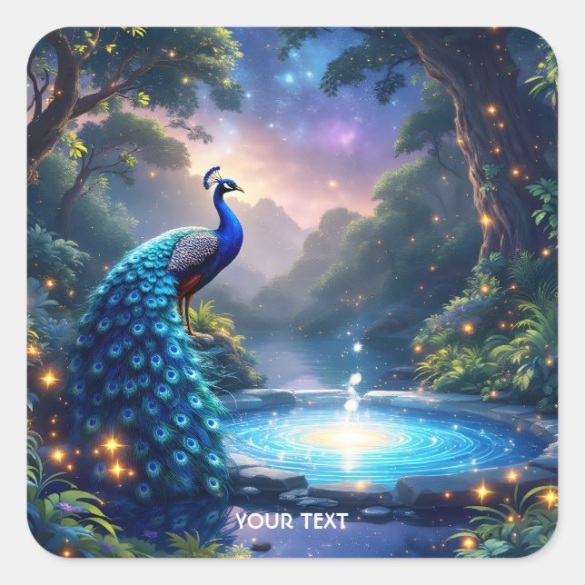 Fantasy Niedlich Night Puddle Peacock Quadratischer Aufkleber (Vorderseite)