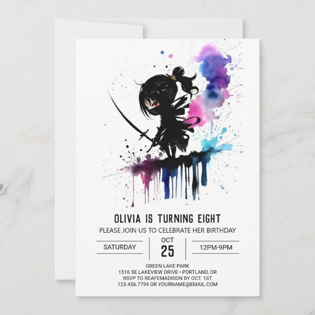 Fantasy Niedlich Ninja Digital Girl Geburtstag Einladung (Vorderseite)
