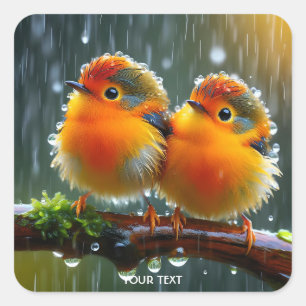 Fantasy Niedlich Orange Birds Rain Quadratischer Aufkleber