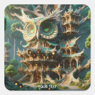 Fantasy Niedlich Owl Tree House Quadratischer Aufkleber