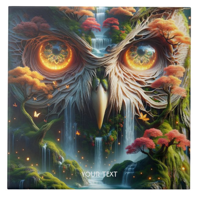 Fantasy Niedlich Owl Wasserfall Bäume Fliese (Vorderseite)