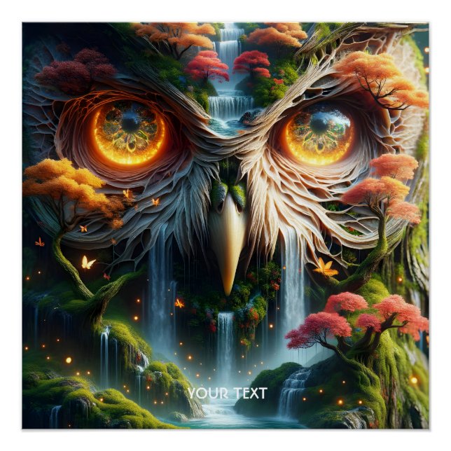 Fantasy Niedlich Owl Wasserfall Bäume Poster (Vorderseite)