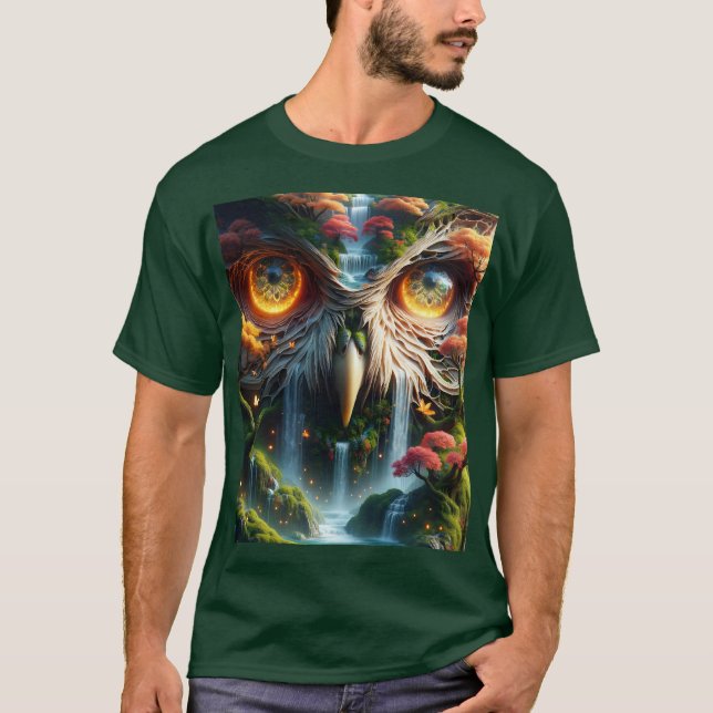 Fantasy Niedlich Owl Wasserfall Bäume T-Shirt (Vorderseite)