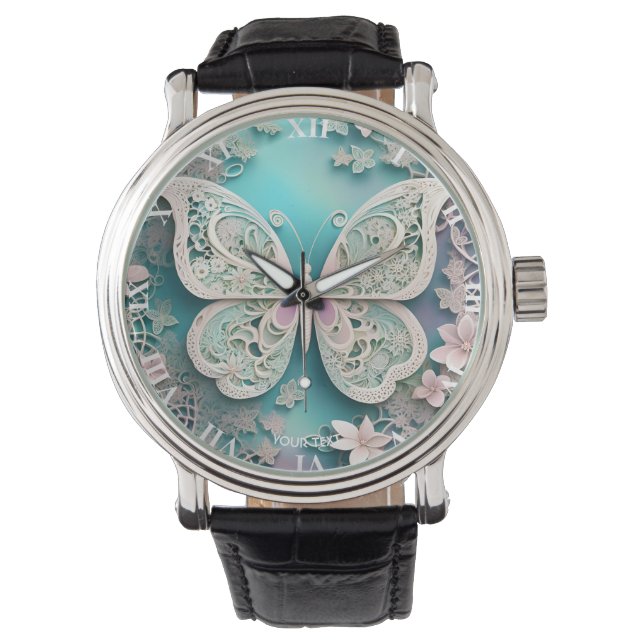 Fantasy Niedlich Pastel Filigree Butterfly Armbanduhr (Vorderseite)