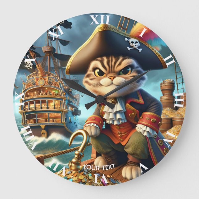 Fantasy Niedlich Pirate Cat Ship Große Wanduhr (Vorderseite)