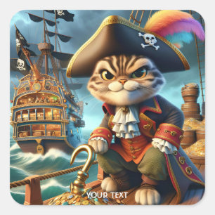 Fantasy Niedlich Pirate Cat Ship Quadratischer Aufkleber