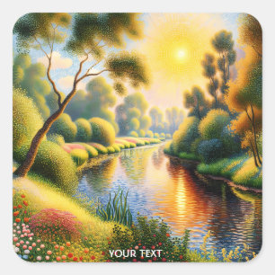 Fantasy Niedlich Pointillism Landscape River Quadratischer Aufkleber
