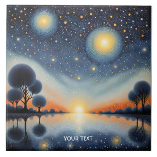 Fantasy Niedlich Pointillist Night Landschaft Fliese