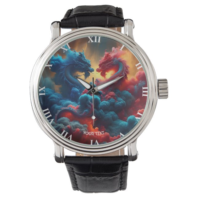 Fantasy Niedlich Red Blue Dragons Armbanduhr (Vorderseite)