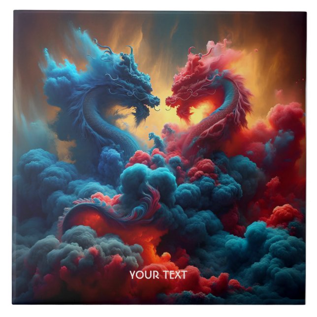 Fantasy Niedlich Red Blue Dragons Fliese (Vorderseite)