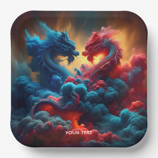 Fantasy Niedlich Red Blue Dragons Pappteller (Vorderseite)