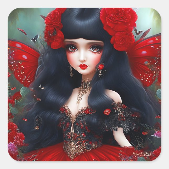 Fantasy Niedlich Red Faicess Princess Decoupage Quadratischer Aufkleber (Vorderseite)