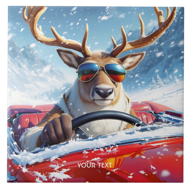 Fantasy Niedlich Rentier Car Winter Fliese (Vorderseite)