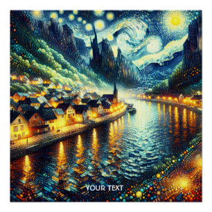 Fantasy Niedlich River Town Moon Poster