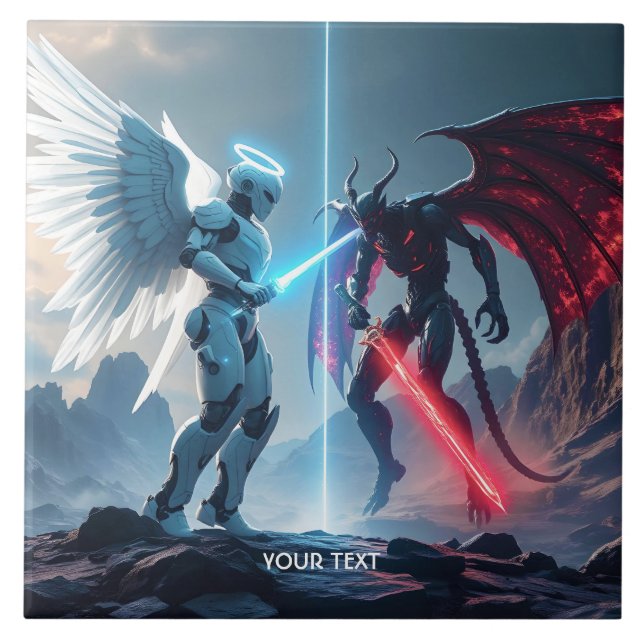 Fantasy Niedlich Robot Demon Fighting Fliese (Vorderseite)