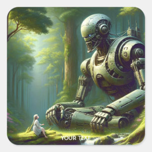 Fantasy Niedlich Robot Girl Forest Quadratischer Aufkleber