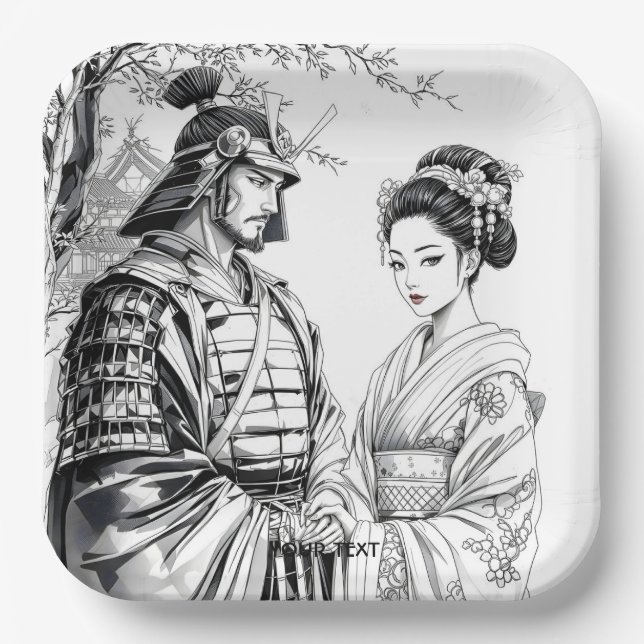 Fantasy Niedlich Samurai Geisha Pencil Pappteller (Vorderseite)