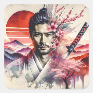 Fantasy Niedlich Samurai Sun Katana Quadratischer Aufkleber