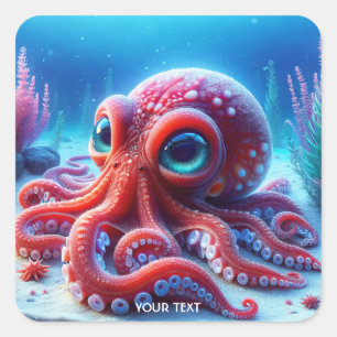 Fantasy Niedlich Sea Red Octopus Quadratischer Aufkleber