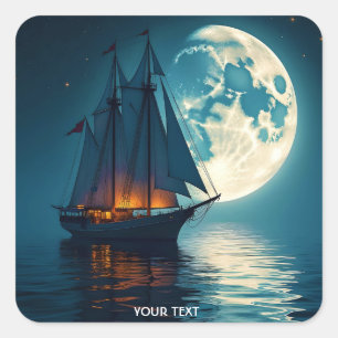 Fantasy Niedlich Ship Night Moon Quadratischer Aufkleber