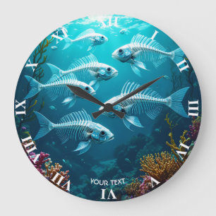 Fantasy Niedlich Skeletts Fischschule Große Wanduhr