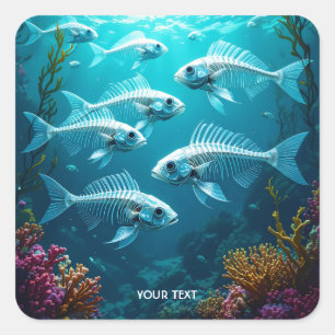 Fantasy Niedlich Skeletts Fischschule Quadratischer Aufkleber