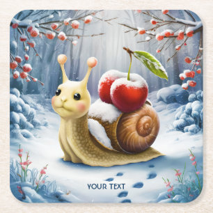 Fantasy Niedlich Snail Cherry Winter Rechteckiger Pappuntersetzer