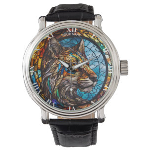 Fantasy Niedlich Stached Glass Wolf Armbanduhr