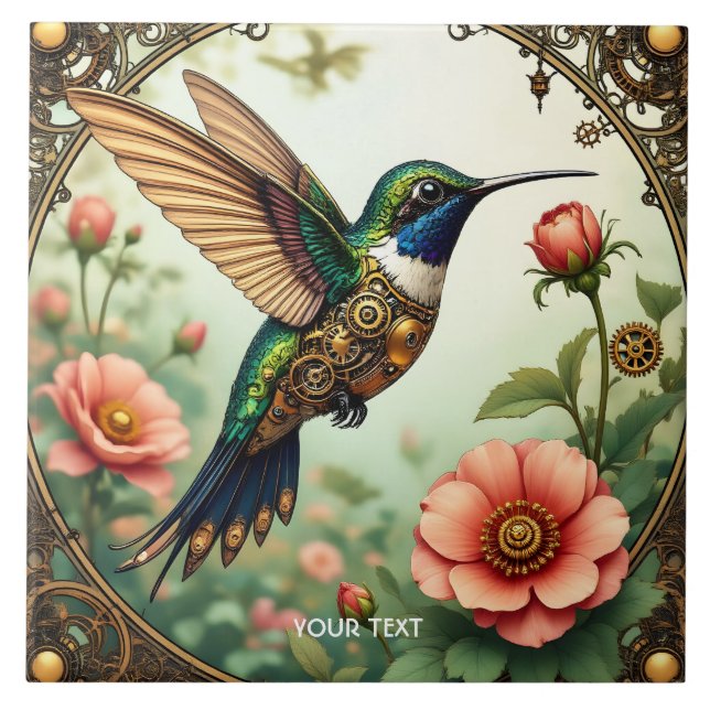 Fantasy Niedlich Steampunk Bird Blume Fliese (Vorderseite)