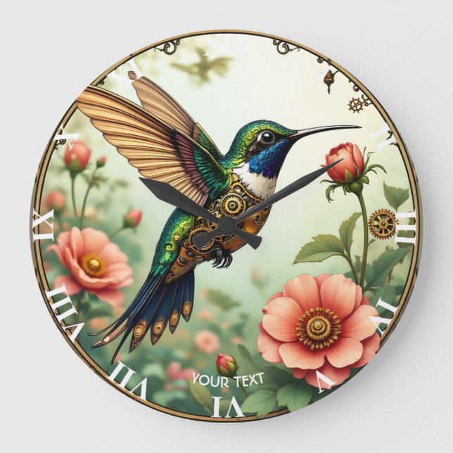 Fantasy Niedlich Steampunk Bird Blume Große Wanduhr (Vorderseite)