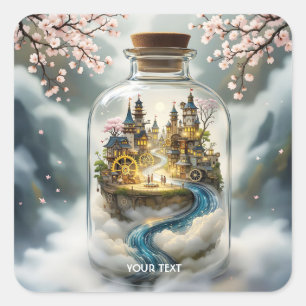 Fantasy Niedlich Steampunk Flasche City Quadratischer Aufkleber