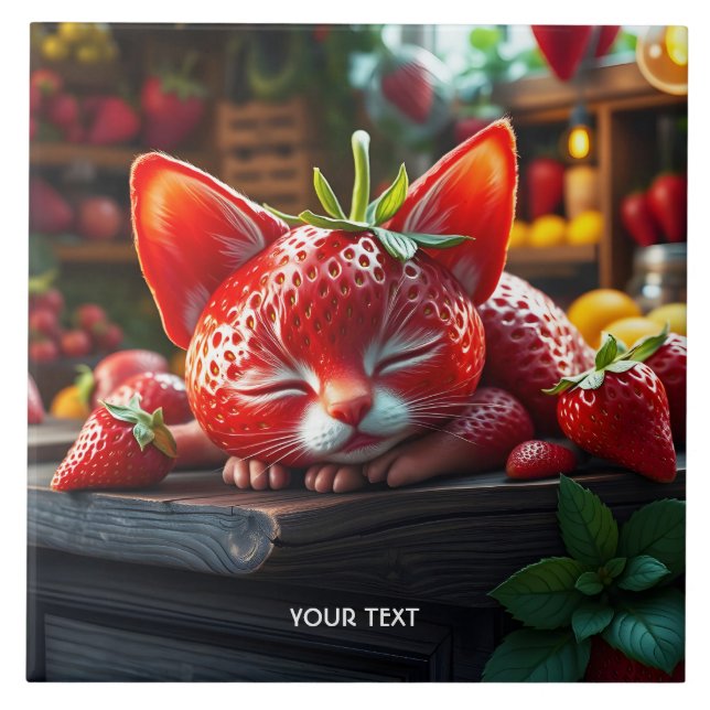 Fantasy Niedlich Strawberry Lovely Kitten Fliese (Vorderseite)