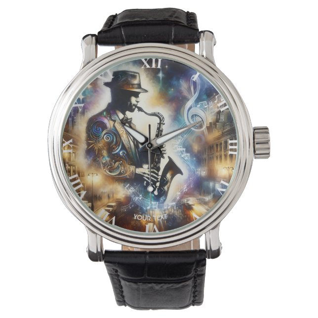 Fantasy Niedlich Street Musiker Saxophon Armbanduhr (Vorderseite)