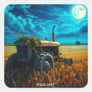 Fantasy Niedlich Tractor Moon Field Quadratischer Aufkleber