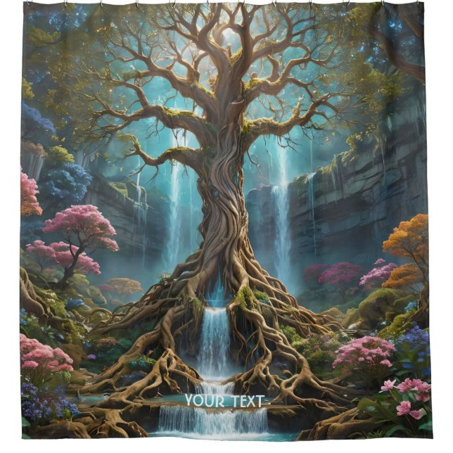 Fantasy Niedlich Tree Waterfall Forest Duschvorhang (Vorderseite)