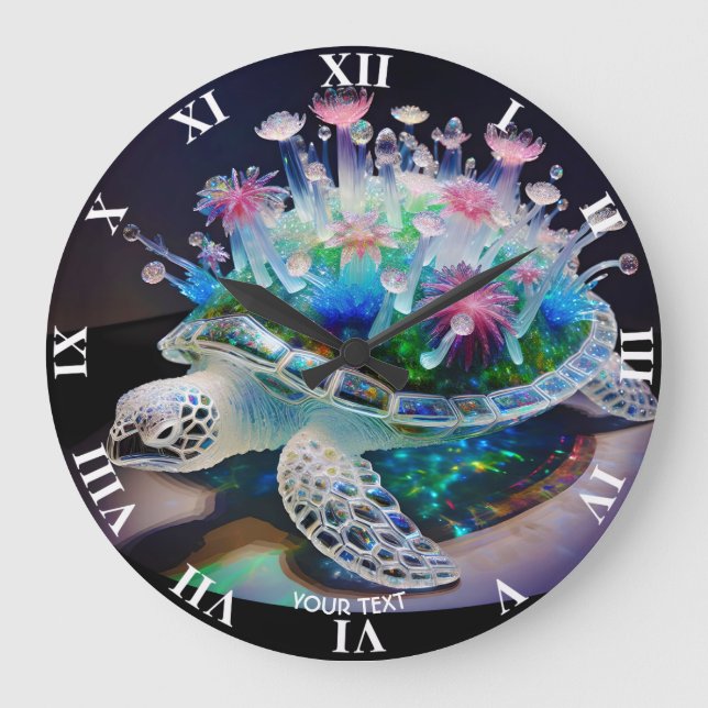Fantasy Niedlich Turtle Glass Blume Große Wanduhr (Vorderseite)