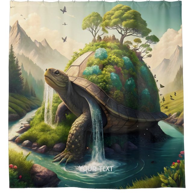Fantasy Niedlich Turtle Waterfall Forest Duschvorhang (Vorderseite)