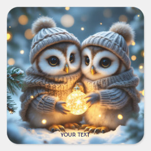 Fantasy Niedlich Two Baby Owls Quadratischer Aufkleber