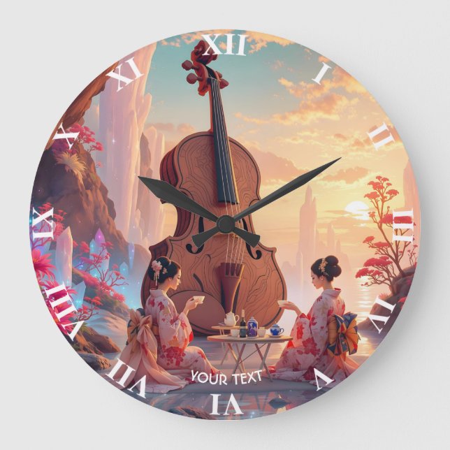 Fantasy Niedlich Violin Girls Tee Große Wanduhr (Vorderseite)
