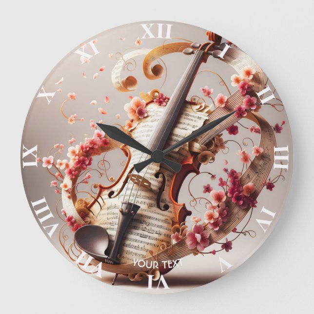 Fantasy Niedlich Violin Notes Blume Große Wanduhr (Vorderseite)