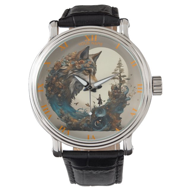 Fantasy Niedlich Vivid Blume Wolf Wizard Armbanduhr (Vorderseite)