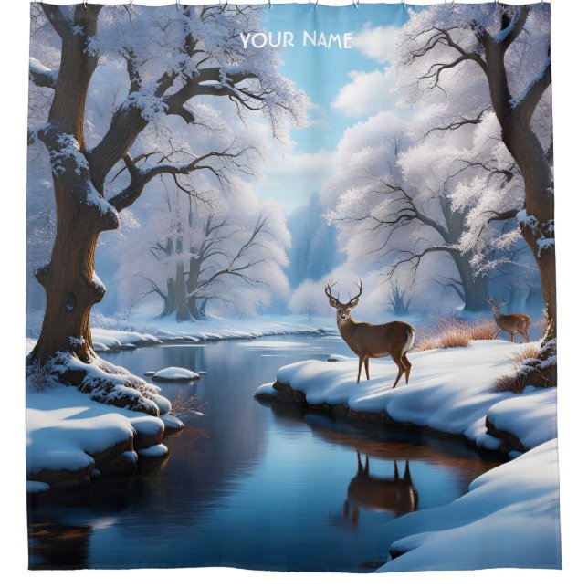 Fantasy Niedlich Vivid Deer Winter River Duschvorhang (Vorderseite)